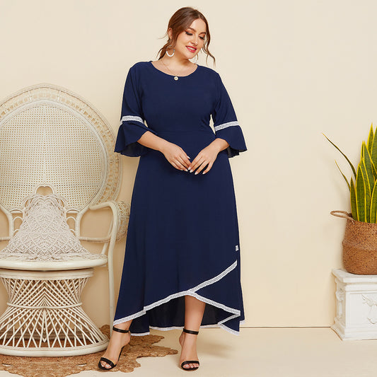 Plus size maxi-jurk met kanten patchwork ronde hals en 3/4 mouwen