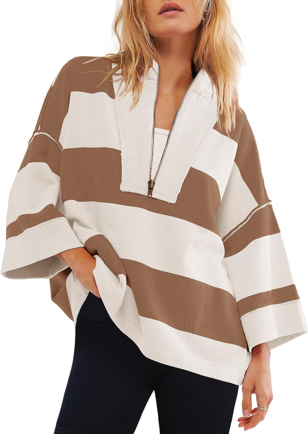 2024 women's oversized striped shirt half zip sweatshirt color block V-neck top casual loose pullover