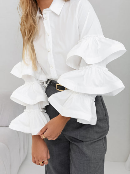 French White Ruffle Blouse Cotton Collar Shirt |tops