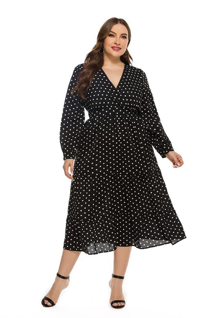 2025 real shot spring new European and American AliExpress stylish loose plus size women's V-neck long sleeve polka dot dress
