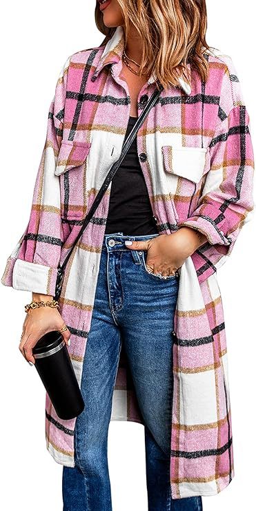 Women's 2024 mid-length plaid jacket long sleeve button shirt fashion Winter brushed woolen dress and coat