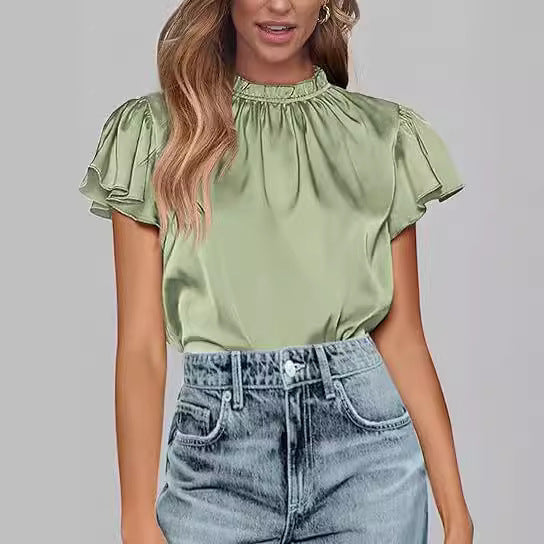 Women's summer satin shirt casual pleated short sleeves round neck party top