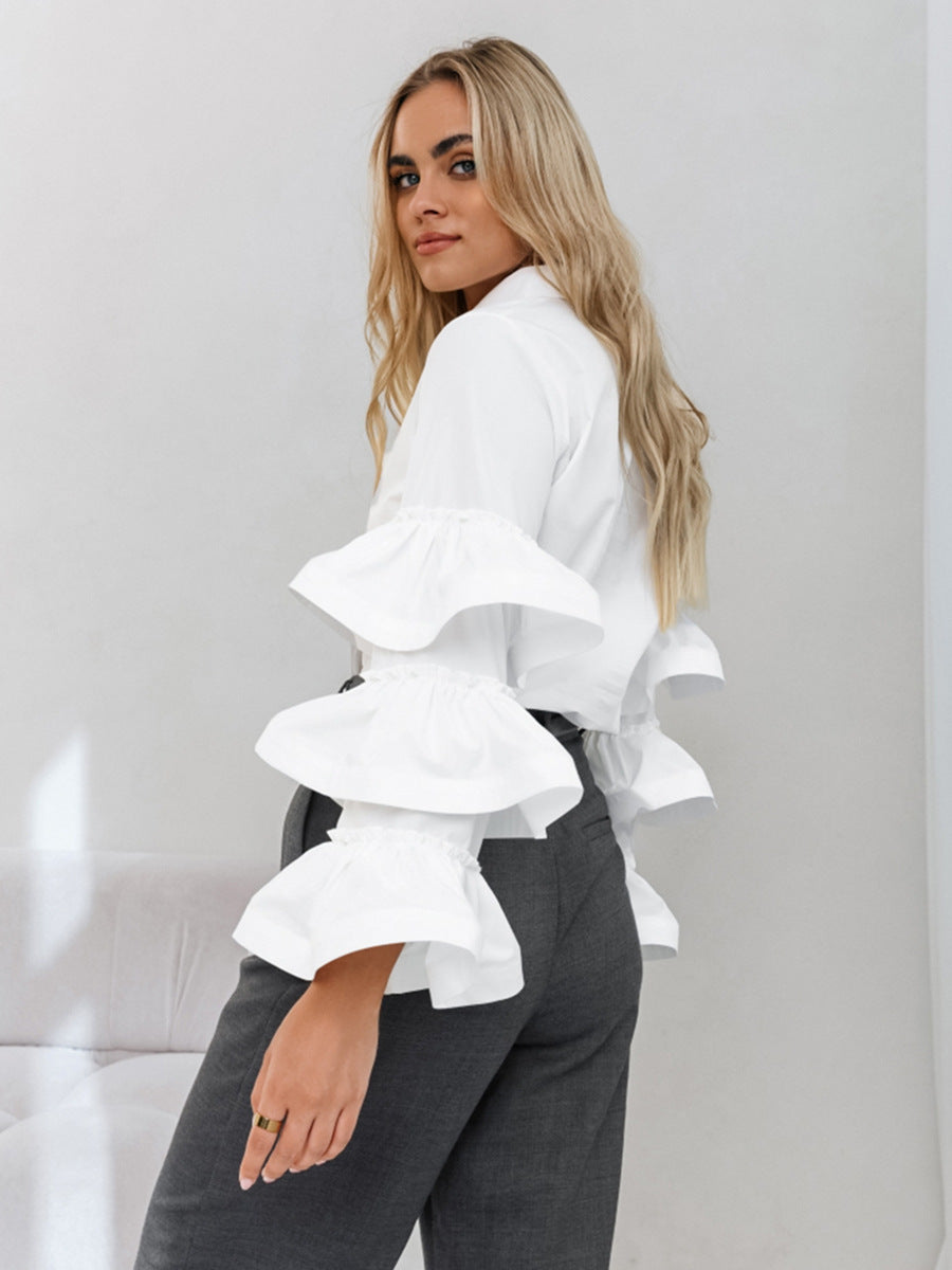 French White Ruffle Blouse Cotton Collar Shirt |tops
