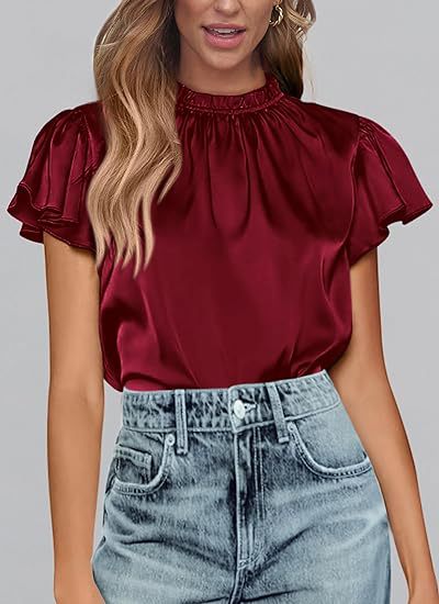 Women's summer satin shirt casual pleated short sleeves round neck party top