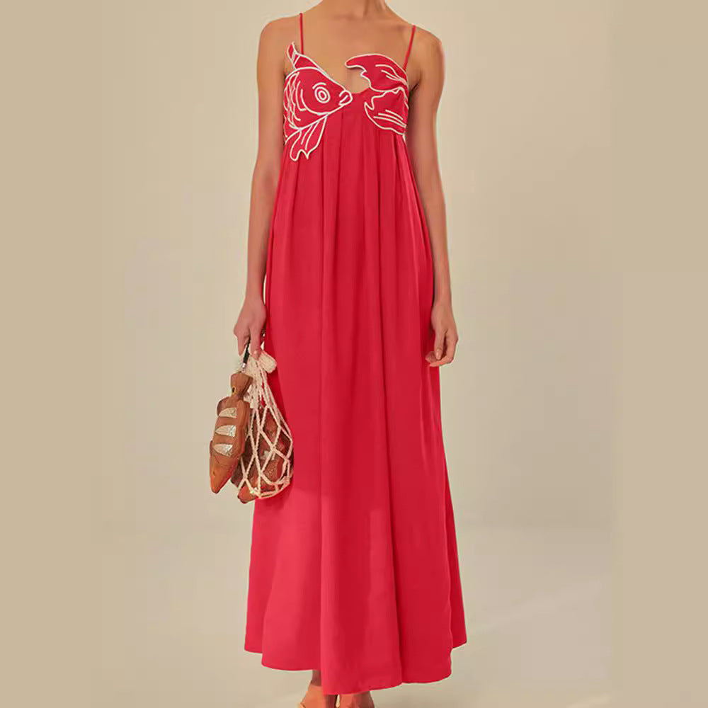 Europe and America cross border 2024 Summer new fashion elegant red fish-shaped top extra long dress backless slip dress