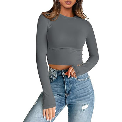 European and American style women long sleeves cropped T-shirt autumn top fashion basic slim hot girl shirt milk Silk women's clothing