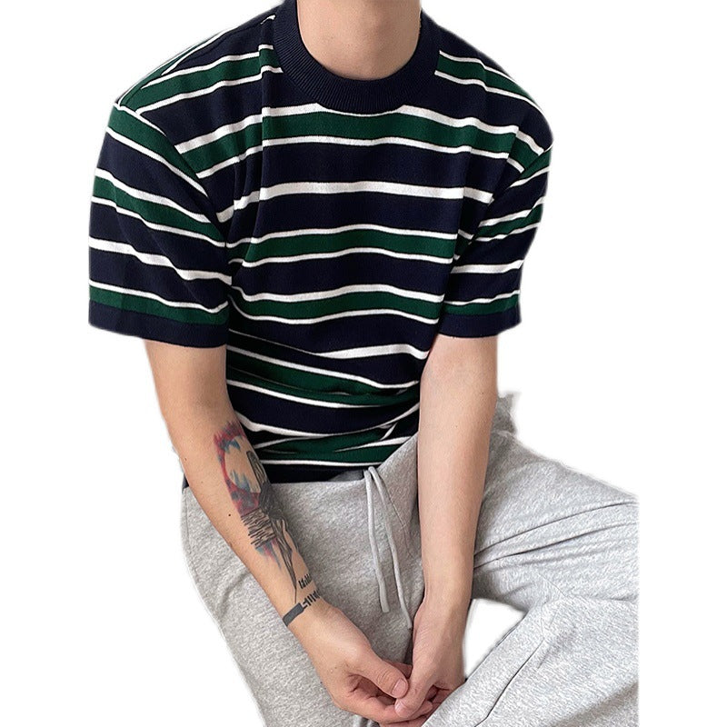 Korean Knit Striped Short Sleeve Men's T-Shirt