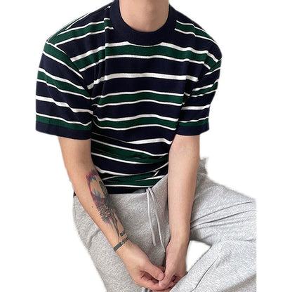Korean Knit Striped Short Sleeve Men's T-Shirt