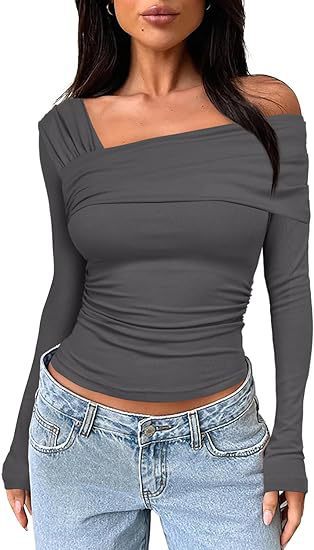 Amazon hot selling product 2025 spring and autumn Women's One shoulder long-sleeved shirt pleated going out tops slim y2g shirt