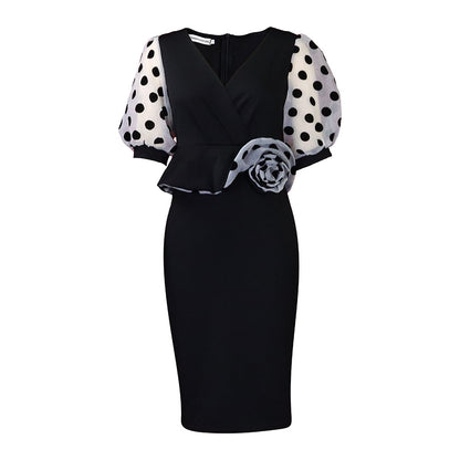 D3166 Amazon foreign trade plus size women's clothing 2022 new fashion dot mesh v-neck patchwork European and American style dress