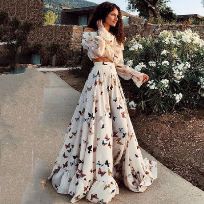 European and American Butterfly Print Bohemian Dress Set