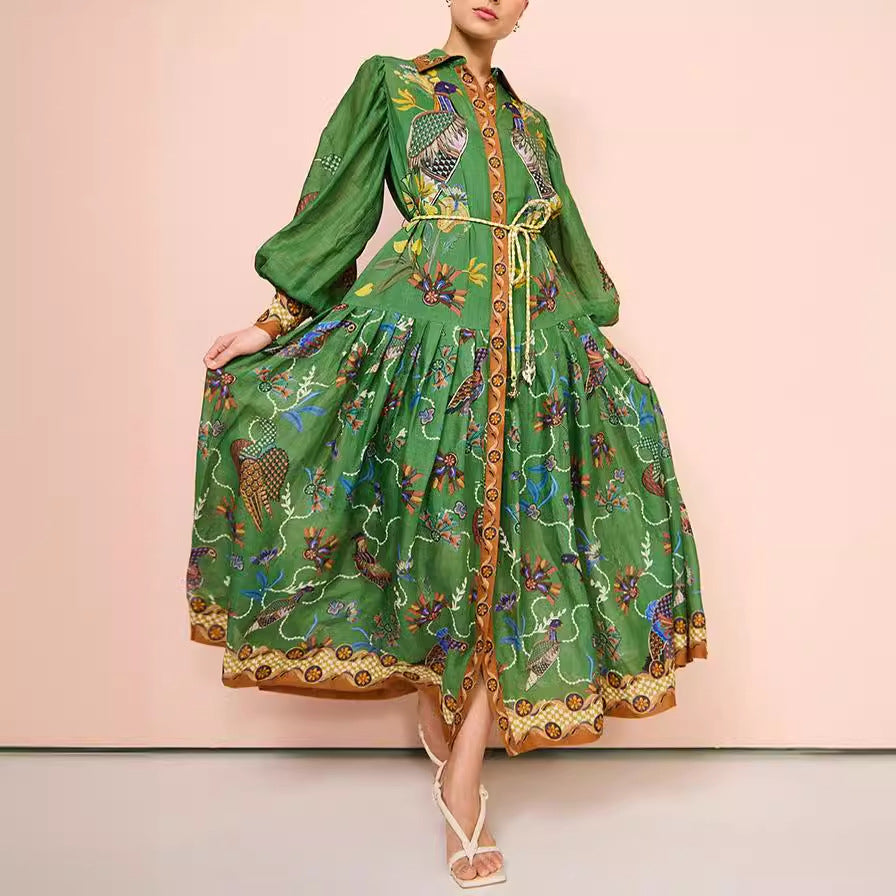 Cross-border foreign trade independent station Amazon 2023 new autumn printed cardigan printed wide hem long sleeve dress for women
