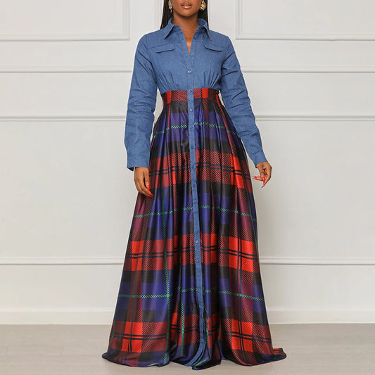 Denim geruite lange reversjurk met lange mouwen en knoopsluiting
