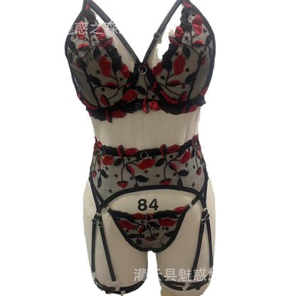 European and American Foreign trade sexy lingerie women's lace embroidery hollow out see-through underwear set wholesale cute girl type