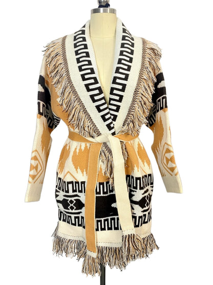 Gebreide vest met print franjes ceintuur en lange mouwen van wolmix