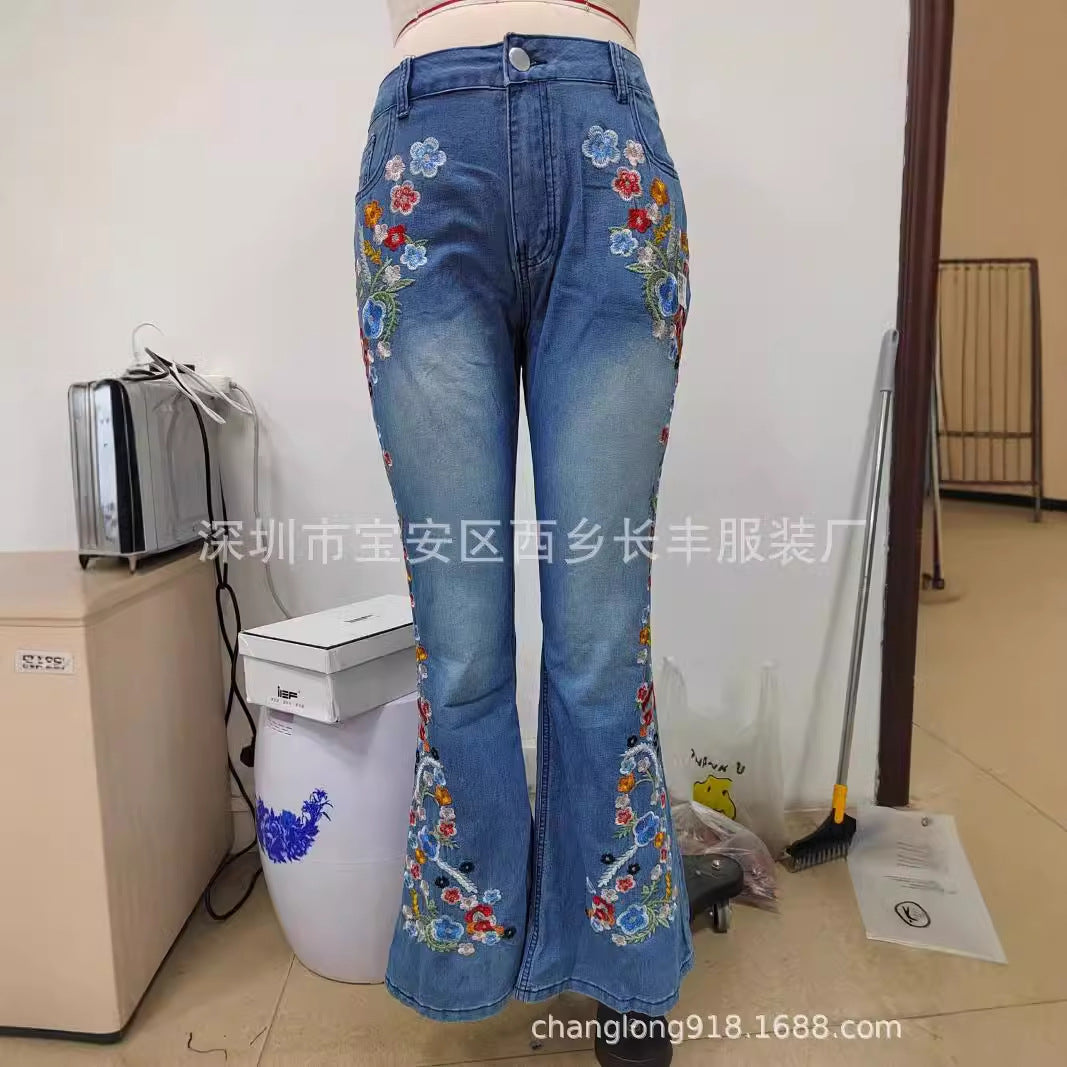Europe and America cross border new embroidered slim fit slim flare pants jeans trousers for women AliExpress Amazon hot sale