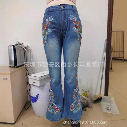 Europe and America cross border new embroidered slim fit slim flare pants jeans trousers for women AliExpress Amazon hot sale
