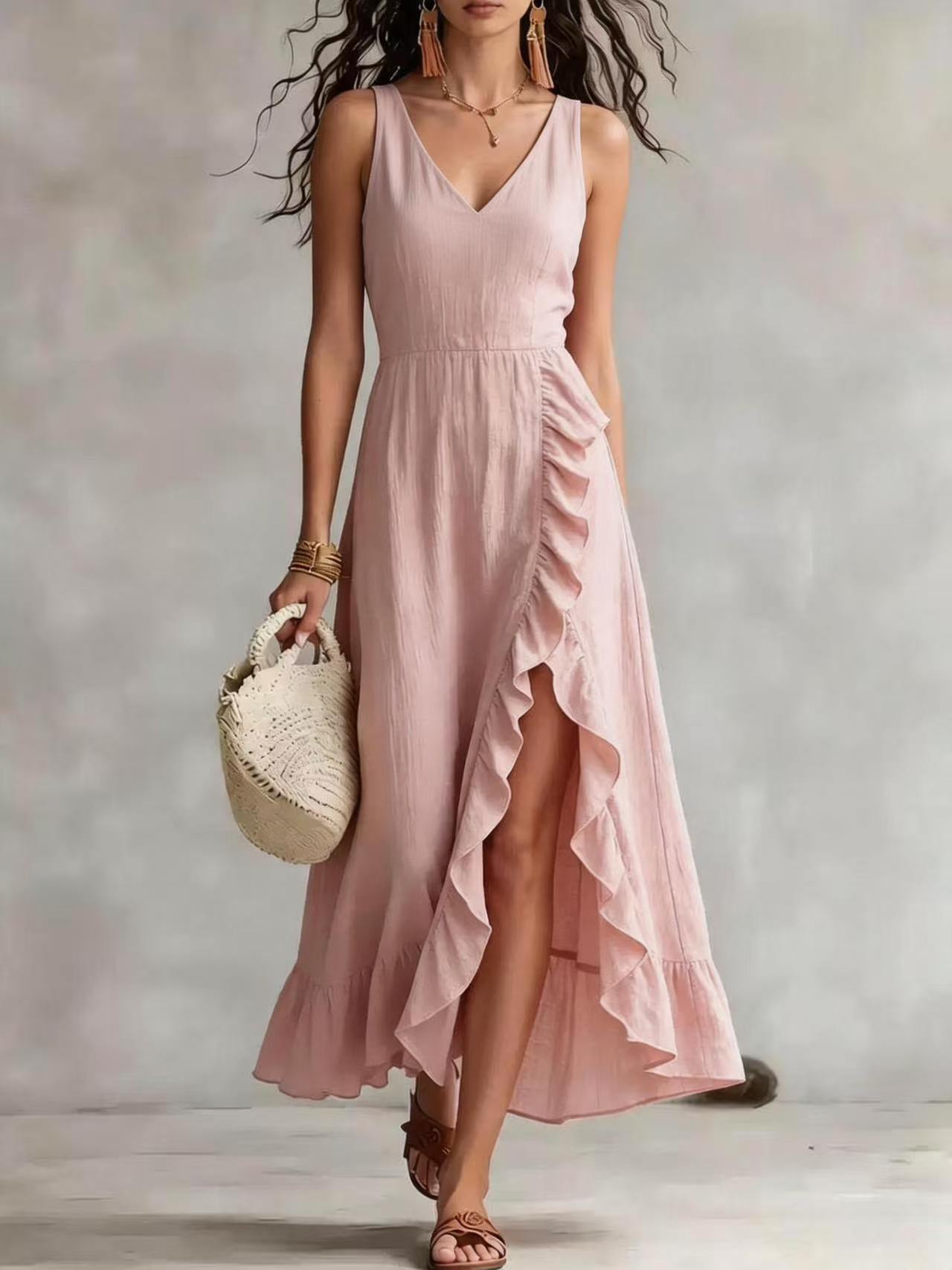 Cross-border foreign trade y2g summer women's V-neck sleeveless dress pink ruffled slit vacation style Beach maxi dress