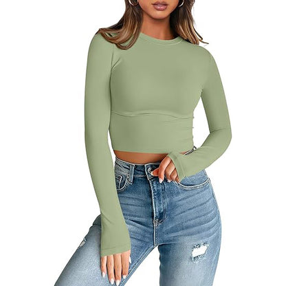 European and American style women long sleeves cropped T-shirt autumn top fashion basic slim hot girl shirt milk Silk women's clothing