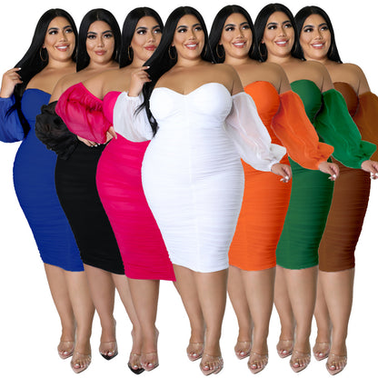 2022 European and American autumn New plus size women's clothing dress Amazon skinny mesh pleated long sleeve plus-size clothes
