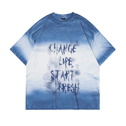 OVDY American Street Short Sleeve T-Shirt Cotton Gradient Spray Print Couple Letters