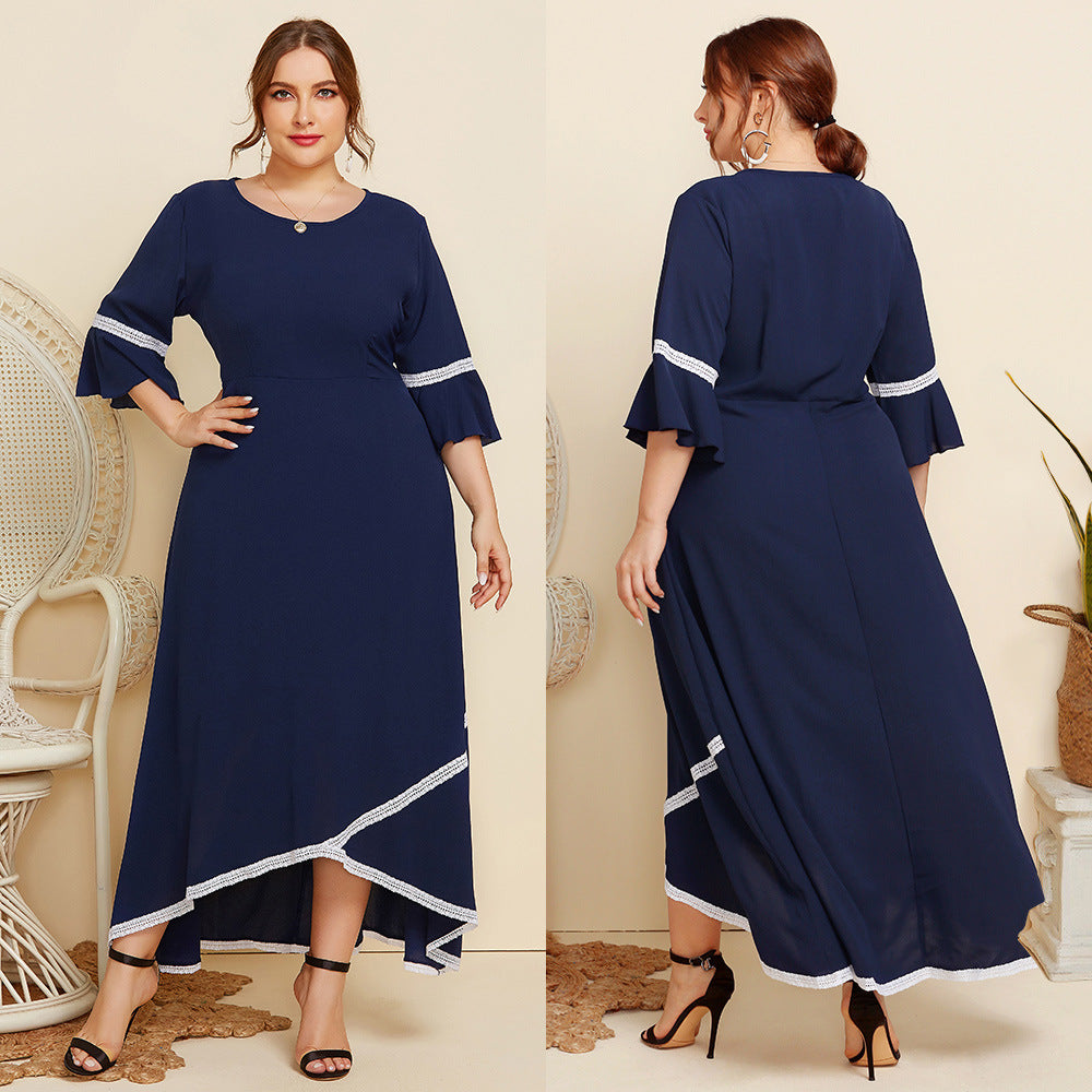 Plus size maxi-jurk met kanten patchwork ronde hals en 3/4 mouwen