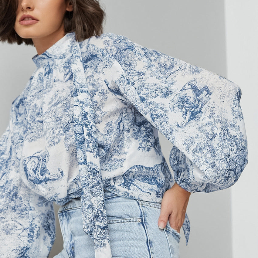 Chinese Style Ink Painting Women's Shirt Autumn New Lantern Sleeve Stand Collar Top |blouses,tops