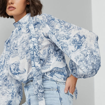Chinese Style Ink Painting Women's Shirt Autumn New Lantern Sleeve Stand Collar Top |blouses,tops