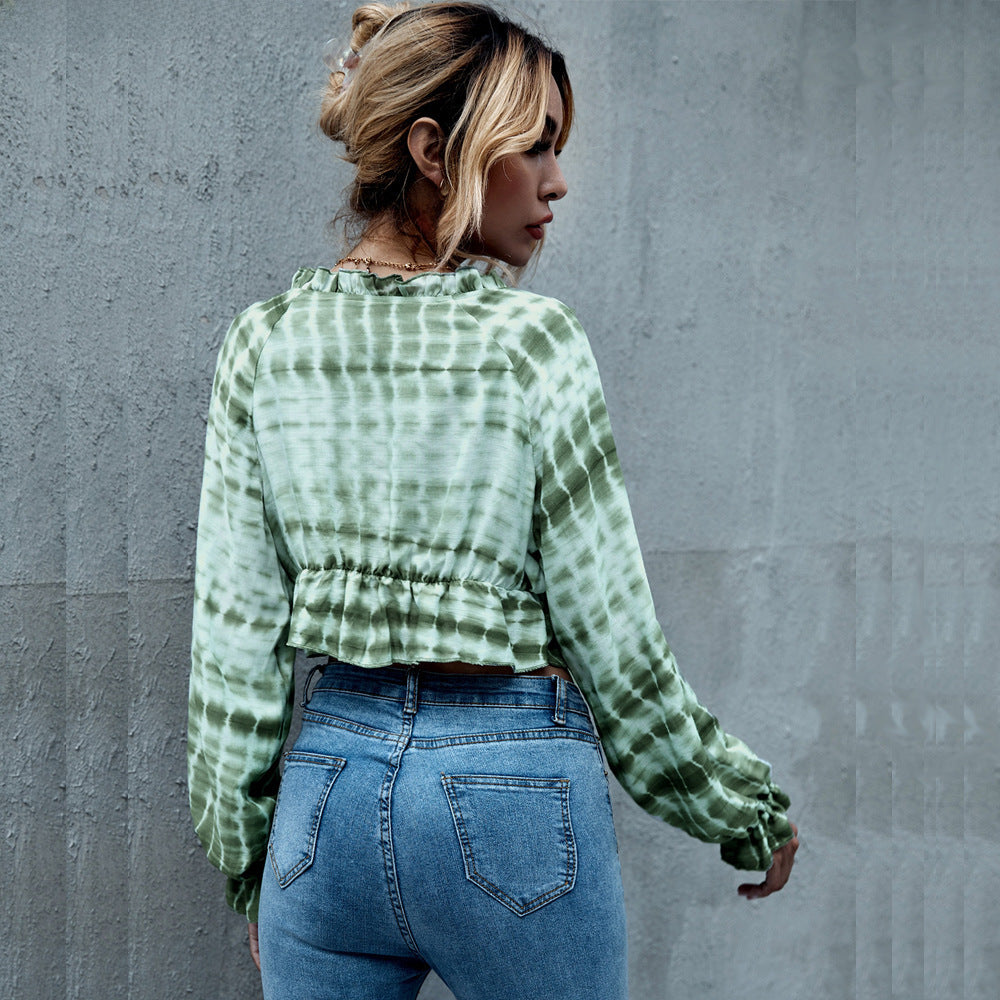 Spring Summer New Tie-Waist V-Neck Tie-Dye Blouse Women's Shirt |blouses,tops