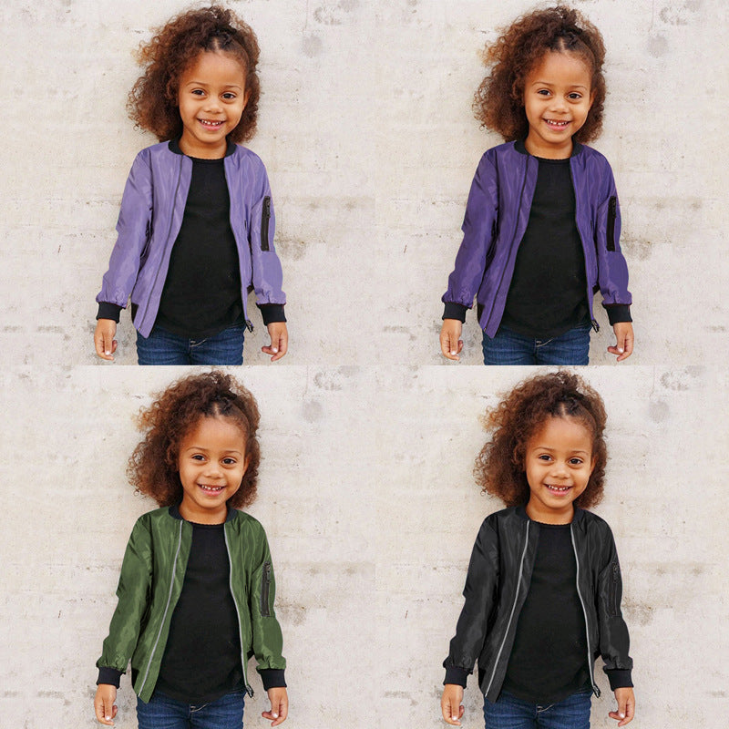Boys, Girls, Children, European And American Spring, Autumn And Winter Models Long-sleeved Round Neck Solid Color Jacket Windbreaker Zipper Baseball Uniform Jacket