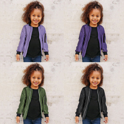 Boys, Girls, Children, European And American Spring, Autumn And Winter Models Long-sleeved Round Neck Solid Color Jacket Windbreaker Zipper Baseball Uniform Jacket