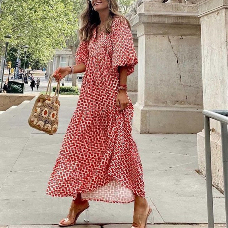 Spring and Autumn European and American new geometric collage puff sleeve dress female street fried street plus size women's dress