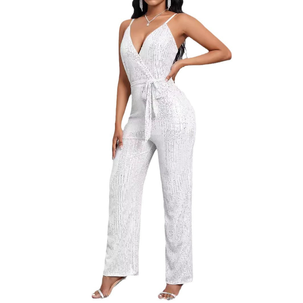 Niche design style European and American Foreign trade exclusive for cross-border solid color suspender jumpsuit elegant temperament