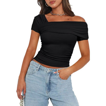 Amazon cross-border foreign trade Women's One shoulder short sleeve shirt pleated T-shirt y2g solid color slim shirt