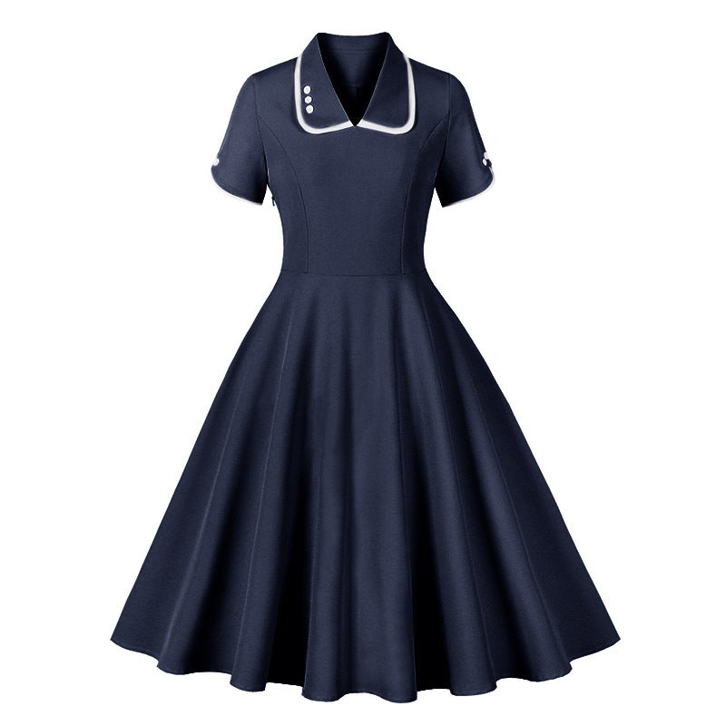 Amazon Europe and America cross border short sleeve V-neck buttons retro 50s Hepburn dress 8739
