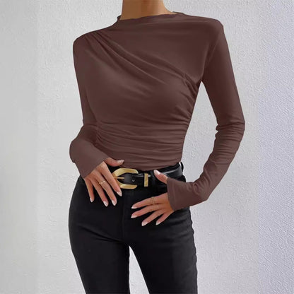 Cross-border 2025 European and American solid color slim bottoming shirt versatile pleated design long sleeve T-shirt women's top
