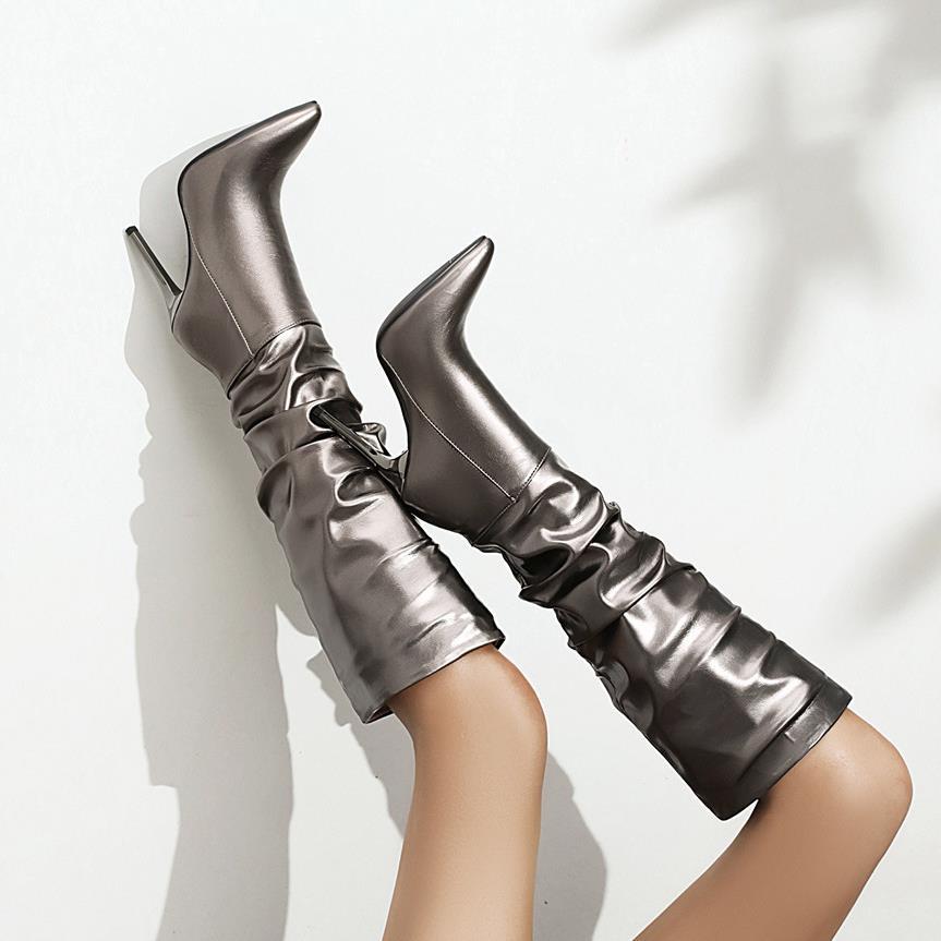 European and American style 2021 Spring and Autumn New stiletto gold silver boots high leg boot plus size women's boots 41 size