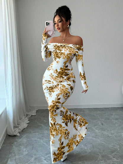 Europe and America cross border hot sale 2026 autumn new printed long dress elegant slim off-shoulder long sleeve dress for women now