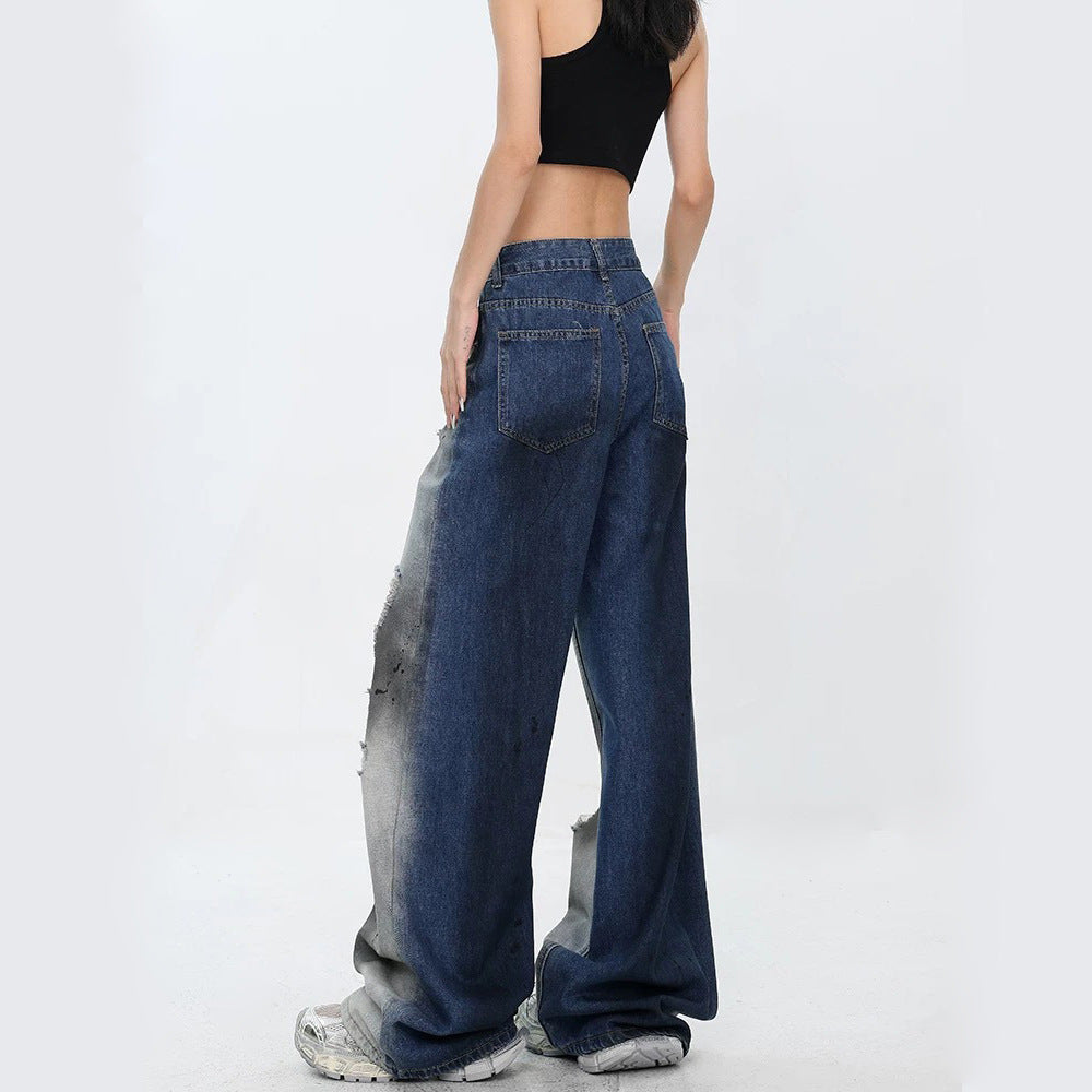 2024 autumn and winter straight high waist jeans for women loose trendy gradient color design personality drooping wide-leg pants