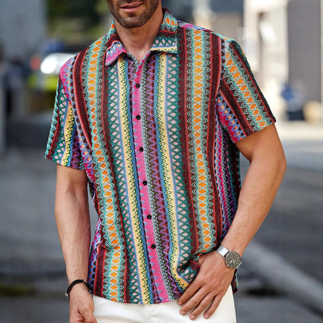 Polyester Men's Casual Printed Short-Sleeved Stand-Up Collar Shirt