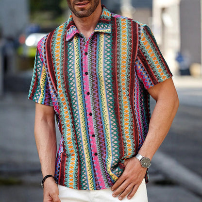 Polyester Men's Casual Printed Short-Sleeved Stand-Up Collar Shirt