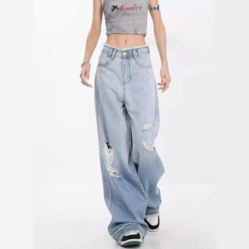 KEN STUDIO summer blue gradient water washed hole jeans women's raw edges design draping mopping pants pants