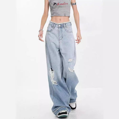 KEN STUDIO summer blue gradient water washed hole jeans women's raw edges design draping mopping pants pants