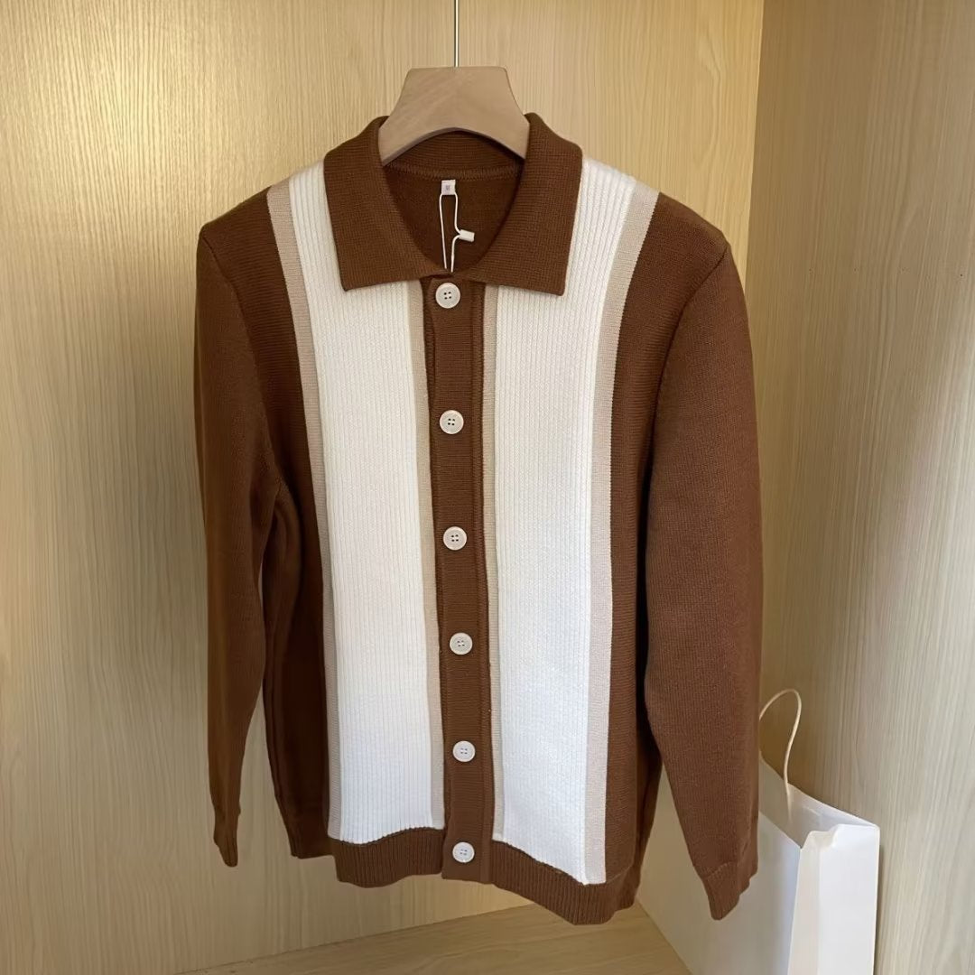 Knitted Long-Sleeved Men's Striped Cardigan Jacket Polo Shirt