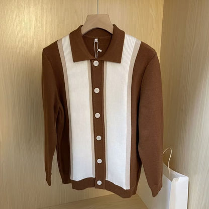 Knitted Long-Sleeved Men's Striped Cardigan Jacket Polo Shirt