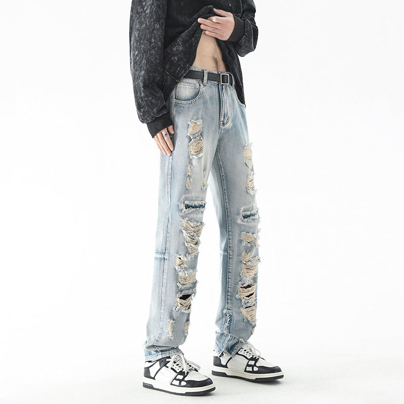 LKTM men's# American ripped retro jeans men's fashion brand High Street washed zipper split long pants