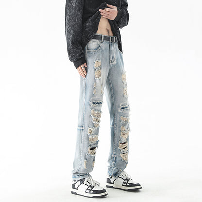 LKTM men's# American ripped retro jeans men's fashion brand High Street washed zipper split long pants