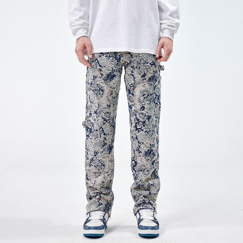 *** Design sense niche jeans men fashion brands jacquard loose hole straight autumn and winter high-end jacquard pants