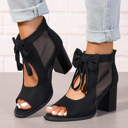 Womens Chunky Heel Sandals with Bow Suede High Heels Hollow Sandals