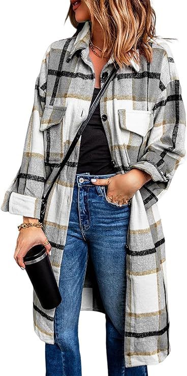 Women's 2024 mid-length plaid jacket long sleeve button shirt fashion Winter brushed woolen dress and coat